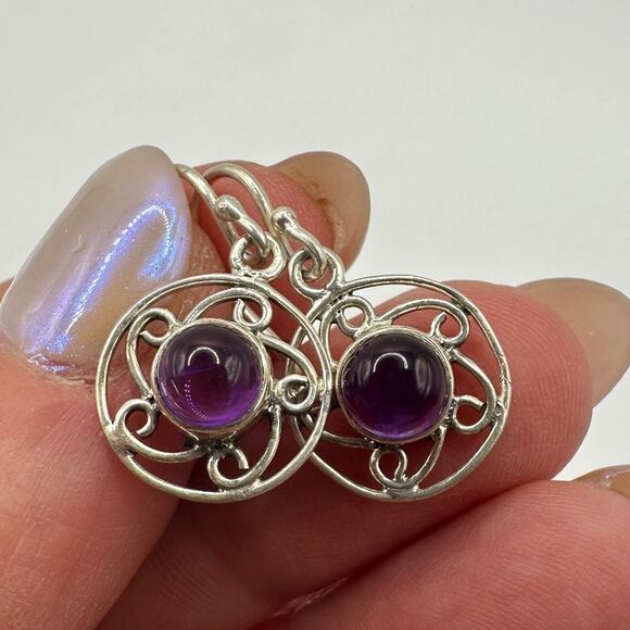5mm amethyst cabochon dangle earrings in stamped sterling silver! - Picture 4 of 15